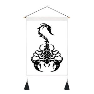 Scorpio scorpion animal tapestry with black tribal totem and tassels on white canvas