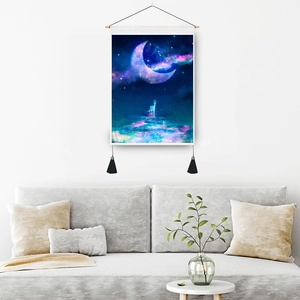 Modern moon and starry sky tapestry with hanging wood rod and elegant black tassels