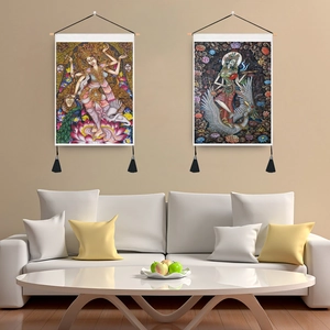 Hindu Goddess Tapestry Wall Hanging Exotic Indian Art Scroll With Wooden Pole And Tassels Ethnic Home Decor