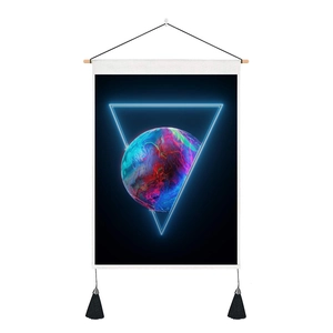 Hanging canvas art featuring a fluid color planet with a glowing neon triangle frame