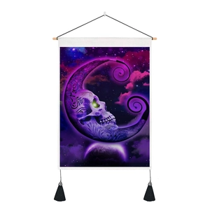 Gothic moon skull tapestry with purple starry sky and wood hanging bar for wall decor