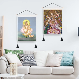 Hindu Goddess wall tapestry set with wooden rod and black tassels for home decor