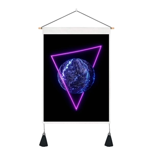 3D space sci-fi tapestry featuring realistic earth and neon triangle with black tassels