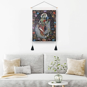 Floral girl Indian tapestry with traditional figure and wooden scroll in living room