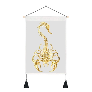 Macro view of Scorpio digital print tapestry with gold scorpion and black tassels