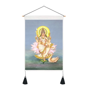 Goddess Saraswati tapestry on lotus with wooden scroll frame and black decorative tassels