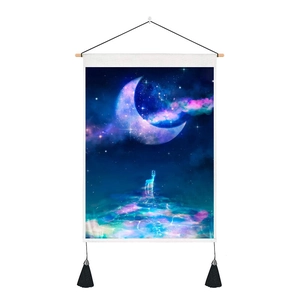 Detail of moon tapestry with mystical purple moon, starry night sky and glowing stag
