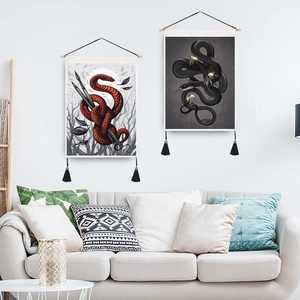 Floral moon phase snake tapestry with wooden hanging rod and black tassels set