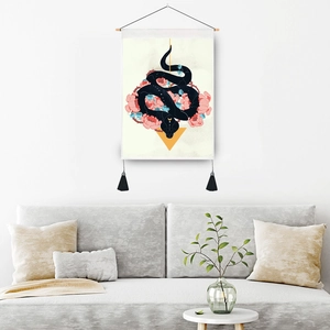 Floral snake moon phase wall tapestry with wooden rod and black tassels for home decor