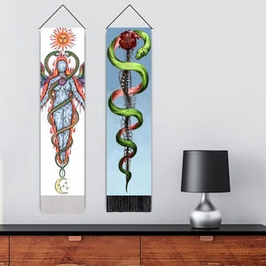 Tentures murales bohèmes verticales avec motifs de serpent mystique et soleil à franges