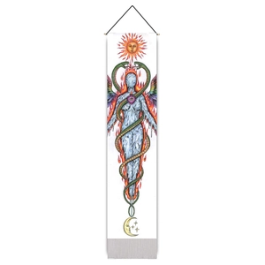 Tapisserie bohème verticale avec soleil, lune et serpents au style tarot alchimie