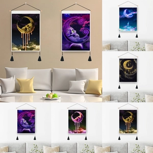 Gothic Moon Skull Wall Tapestry Polyester Cotton Hanging Painting With Wooden Rod Black Tassels Starry Night Home Decor