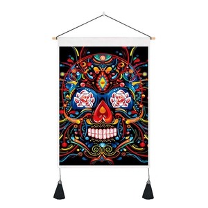 Bohemian skull tapestry with colorful sugar skull design and black decorative tassels