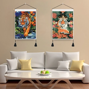 Modern tiger botanical tapestry hanging on wall with wooden rod and black tassels