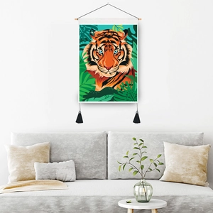 Modern tiger and tropical leaves wall tapestry with wooden bar and tassels for living room