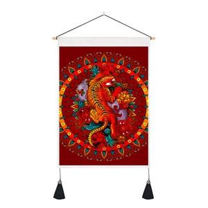 Detailed view of Nordic wall tapestry featuring red tiger motif and elegant black tassels