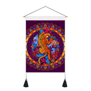 Modern Nordic tapestry with tiger and mandala patterns on deep purple for wall decoration