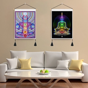 Tapisserie De Méditation Yoga Chakra Tenture Murale Mandala Spirit Zen Art Tissu Rouleau Tige En Bois Glands Décor