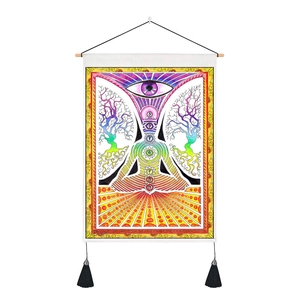 Tenture murale de méditation avec sept symboles de chakra et glands noirs pour décor de chambre