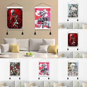 Tapisserie Murale Crâne Gothique d'Halloween Avec Tige en Bois Gland Squelette Floral Peinture Suspendue Polyester Coton Déco