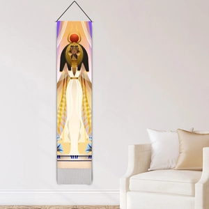 Vertical Egyptian goddess tapestry with golden sun crown and grey tassels for home decor