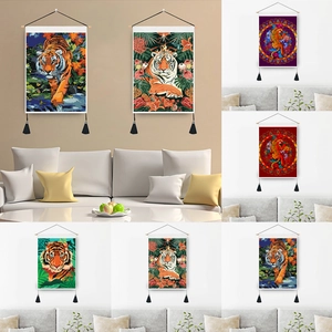 Tiger Wall Tapestry With Wood Rod And Tassels Nordic Artistic Polyester Cotton Scroll Painting For Living Room Bedroom