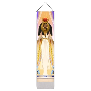 Close-up of Egyptian goddess Hathor tapestry with golden crown and white fringe detail