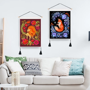 Ethnic animal tiger and flower tapestry set with wooden poles and black tassels for home decor