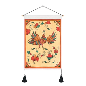 Ethnic style bird tapestry with orange flowers, wooden pole and black tassels for wall decor