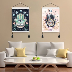 Tapisserie Murale Bohème Main De Hamsa Mauvais Œil Phase De Lune Bannière En Coton Lin Avec Tige En Bois Et Glands Décor Mystique