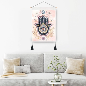 Tapisserie murale Main de Fatma avec phases de lune et pompons pour décoration