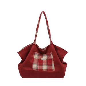British style dark red tote bag with plaid pocket and large capacity wool texture