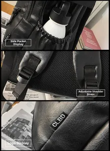 Detail view of black PU leather backpack side pocket and breathable mesh shoulder straps