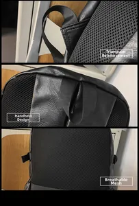 Men's backpack details featuring triangular reinforcement, handle and breathable mesh