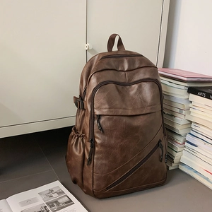 Classic brown PU leather laptop backpack for men with large capacity and multi-pockets
