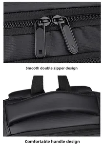 Détail des fermetures à glissière doubles et de la poignée renforcée du sac à dos