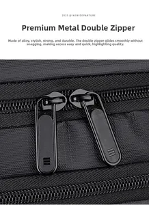Vue détaillée de la double fermeture éclair en métal noir résistant sur le sac à dos