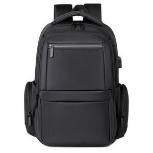 Men's large business laptop backpack with USB charging port in durable black polyester