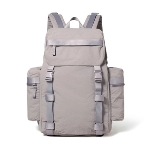 Grey 25L functional outdoor backpack with buckle closure and multiple zipper pockets