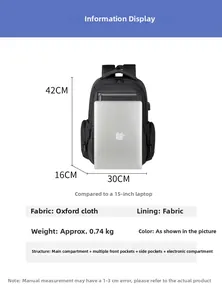 Detailed size chart of men's oxford backpack showing dimensions for 15-inch laptop fit
