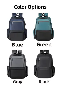 Detailed grid of business backpacks in blue, green, grey and black with USB ports