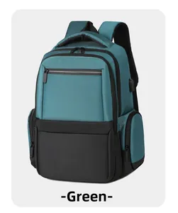 Detail view of green business laptop backpack featuring an external USB charging port