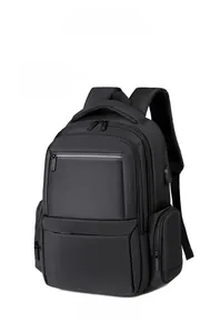 Detail view of black business backpack with side USB charging port and multi-compartment design