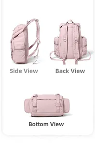 Detailed views of pink 25L hiking backpack showing side pockets, straps and bottom base