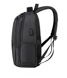 Detail view of water-resistant laptop backpack with external USB port and padded mesh back