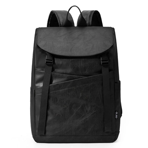 Retro black business laptop backpack with matte PU leather texture and buckle straps