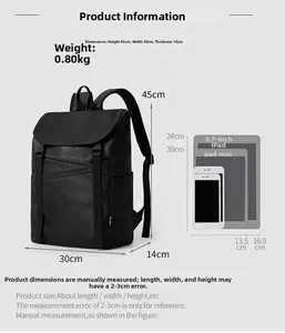 Detailed size specifications of the vintage black laptop backpack with height and weight data