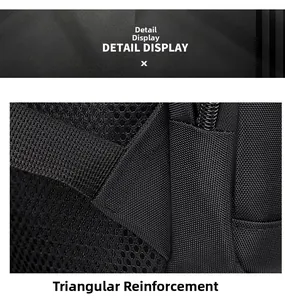 Detail of breathable mesh back panel and reinforced triangular stitching on backpack