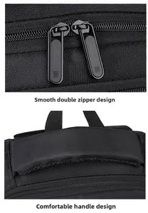 Detail of smooth double metal zippers and comfortable padded handle on black backpack