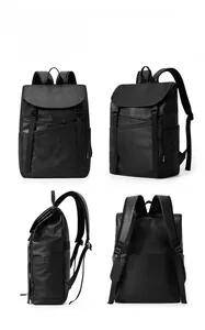 Multi-angle views of a black litchi pattern leather business laptop backpack for men